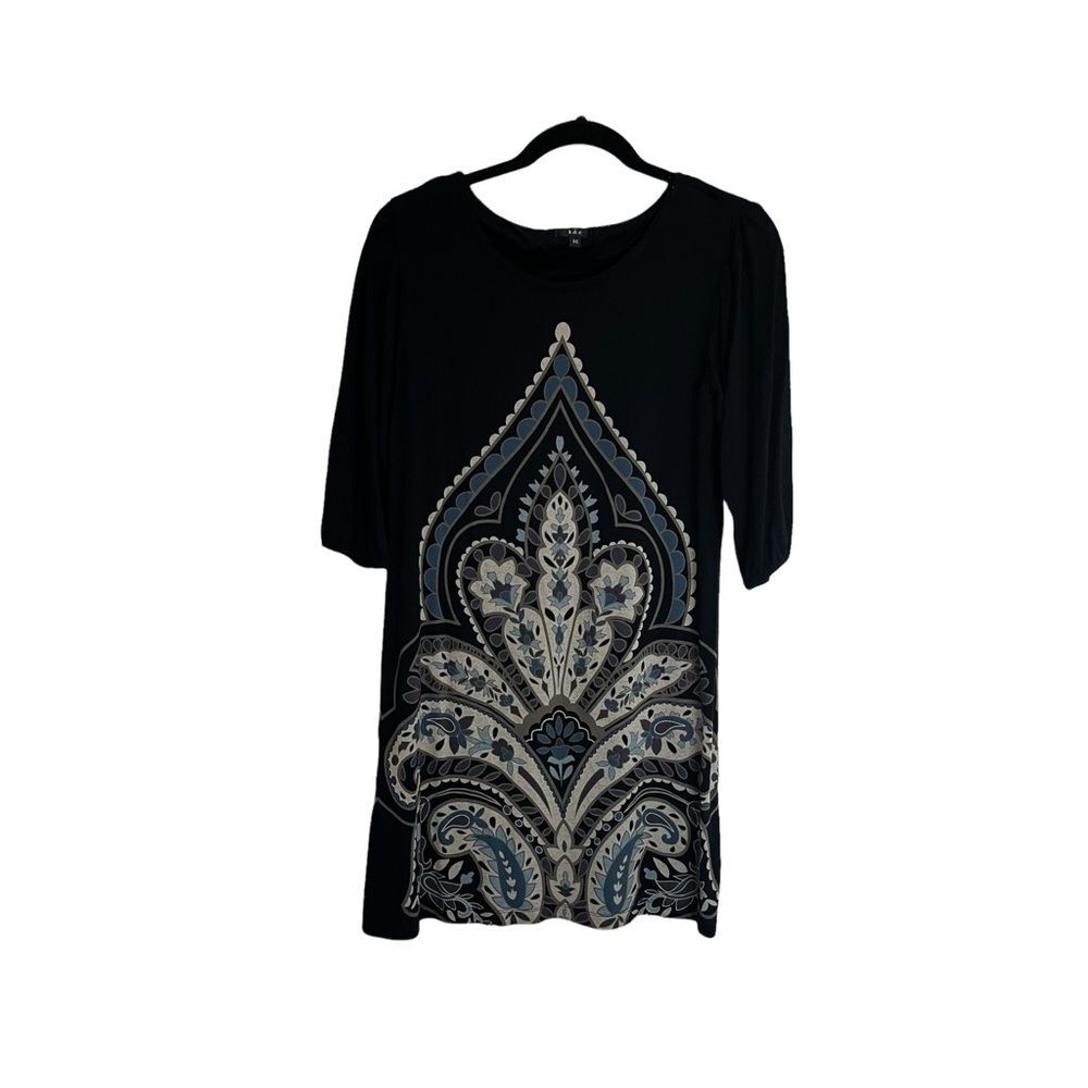 K&C Black Floral Geometric 3/4 Sleeves Pullover Midi Stretch Dress Womens Size M